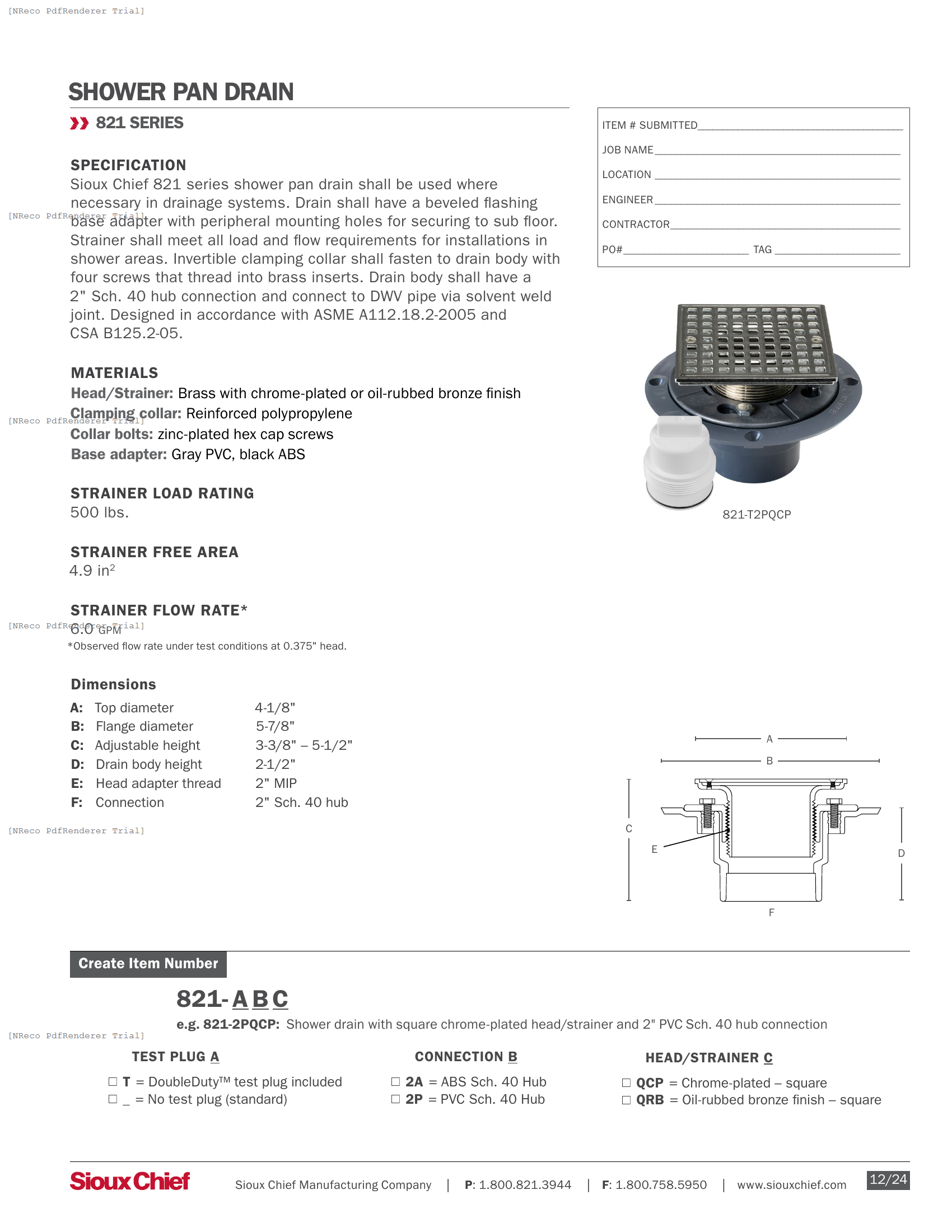 821-CP SERIES - SHOWER PAN DRAIN - SPEC SHEET.PDF Specification Document